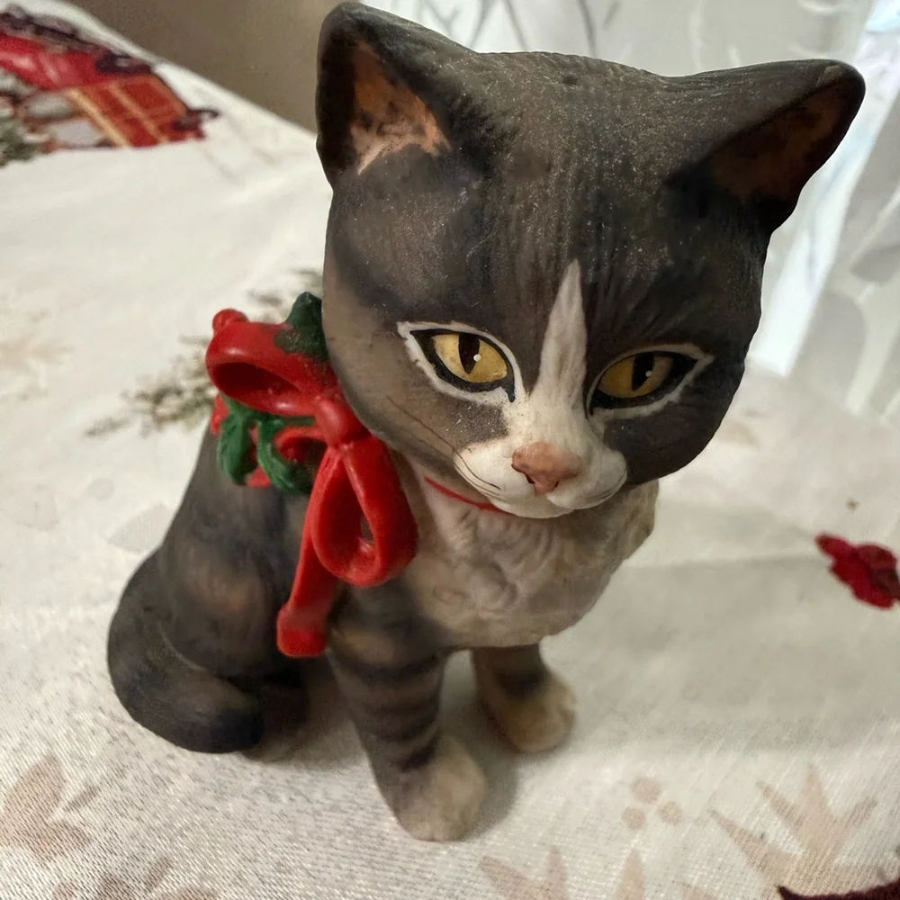 Schmid Festive Cat Figurine with Red Bow